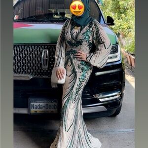 SHEIN Green and Cream Long Sleeve Dress